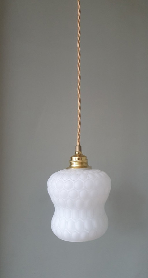 Vintage pendant lamp - white opaline glass with honeycomb texture