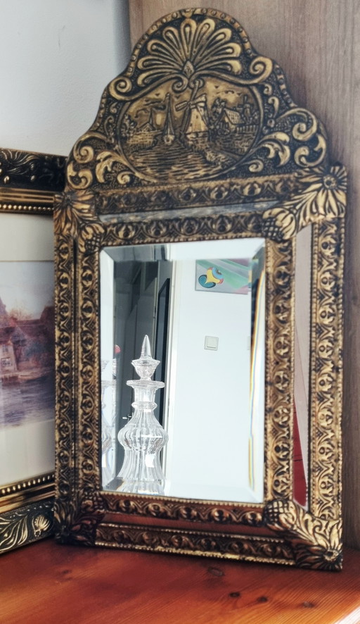 Antique Dutch bridal bevelled embossed brass mirror 