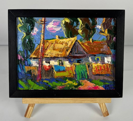 Peinture à l'huile originale représentant un paysage champêtre, une cour de maison et un week-end paisible au village.