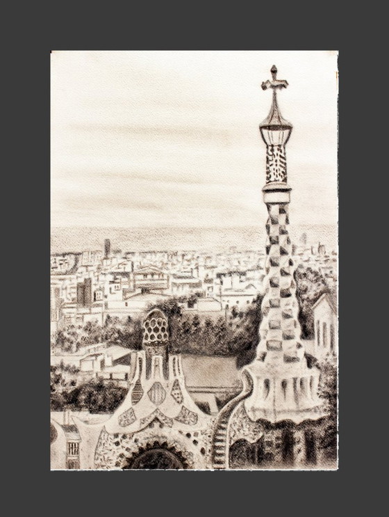 Image 1 of Drawing of Barcelona as seen from Park Güell. Park Güell drawing. Charcoal drawing of Barcelona. Painting of Barcelona. New.