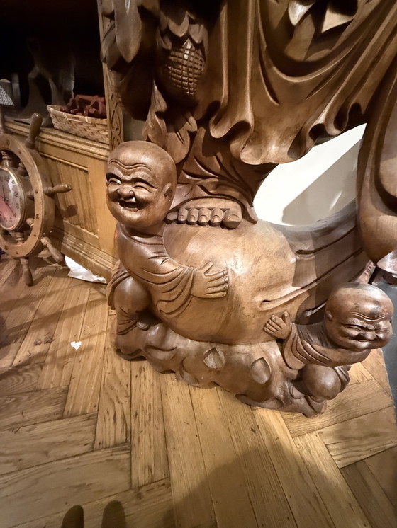Image 1 of Antique Life-Size Hand-Carved Wooden Buddha (Budai) – Exceptional Statement Piece