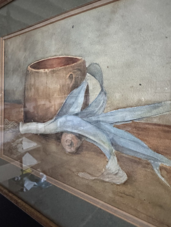 Image 1 of Antieke aquarel stilleven van een prei