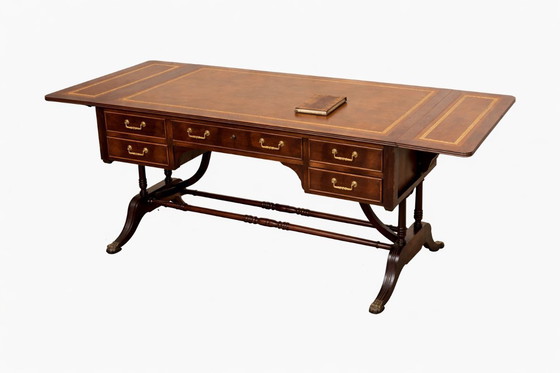 Image 1 of Englischer Schreibtisch, doppelseitige, flache Platte mit Mahagoni-Verlängerungen