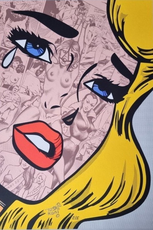 TUSHIKUNI - Pin-up llorando - Litografía enmarcada del artista – lithos zeefdrukken, Paper