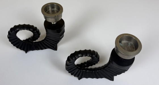 Image 1 of 2 x Vintage Chapman black chrome horn candlesticks bronze