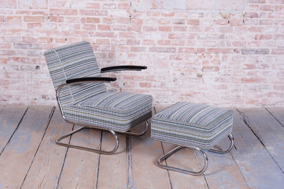 Restored Bauhaus Armchair With Stool, By W. Gispen, Mücke-Melder, Czech, 1930s – Textile, Wood (photo 13 of 19)