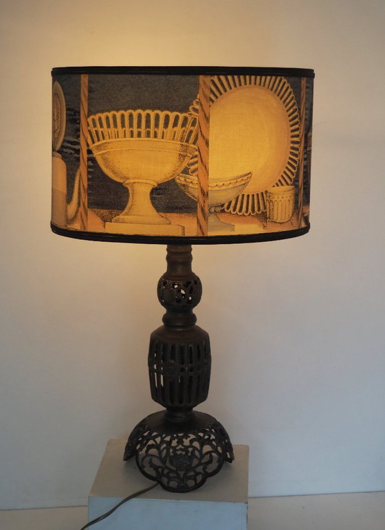 Image 1 of Large Filagree bronze table lamp/shadow Fornasetti fabric