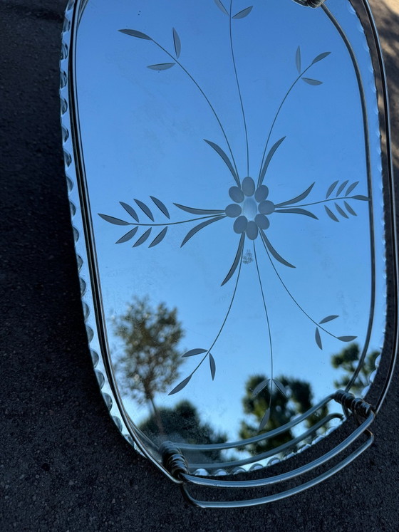 Engraved beveled mirror tray 50s, Decorative Objects, Glass, Chrome, Silver (photo 7 of 13)