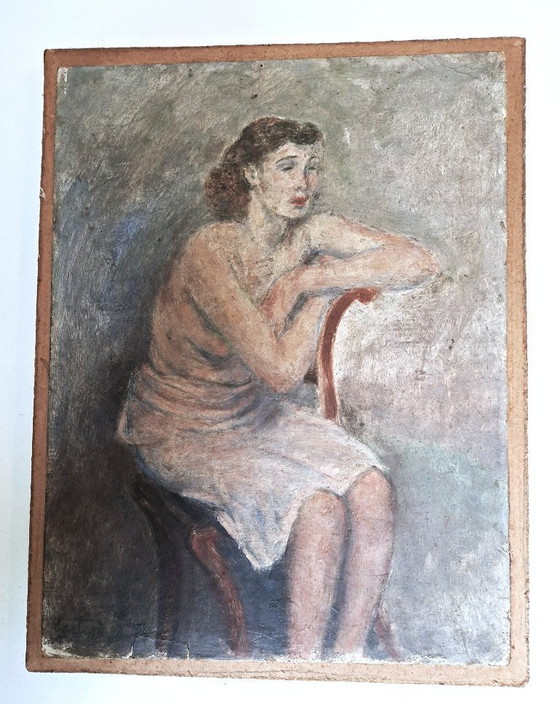 Image 1 of George Creten – Intimes Porträt einer Frau – Öl auf Papier auf Holz
