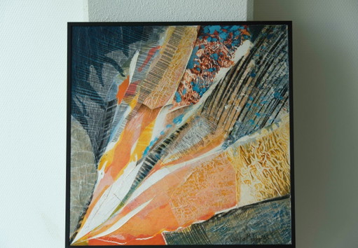 Sikko Mulder - Abstract Composition in Orange and Blue Mixed Media Painting, 1993 – schilderijen tekeningen, Wood