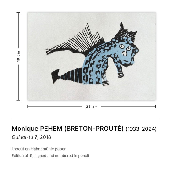 Image 1 of Monique PEHEM (BRETON-PROUTÉ) Wie ben je? Gesigneerde linosnede 2018