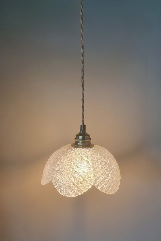 Image 1 of lampada a sospensione in vetro francese vintage a forma di fiore. Vetro blu e bianco.