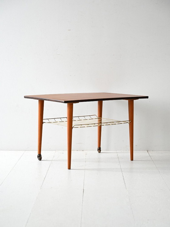 Image 1 of Tavolino da caffè vintage scandinavo in teak con ripiano in ottone