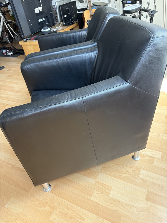 Image 1 of 2x black leather armchairs