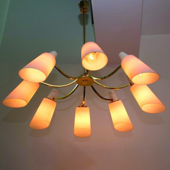 Image 1 of Vintage Sputnik chandelier with 8 opaline shades by Stilnovo Style, Italy 1950