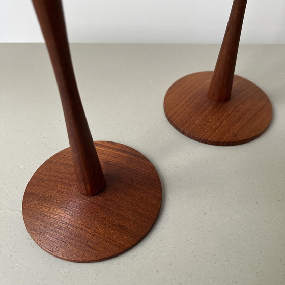Image 1 of Pair of vintage Scandinavian teak and copper candlesticks, Sweden, 1960s