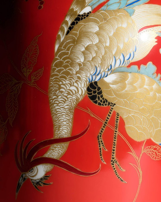 Image 1 of Rosenthal Porcelain Floor Vase Chinoiserie Phoenix Decor Red & Gold Germany 1938