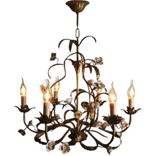 Vintage gilt metal chandelier with porcelain flowers, 1950