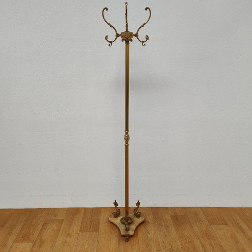 Brass and marble rococo standing coat rack Hollywood Regency hall tree