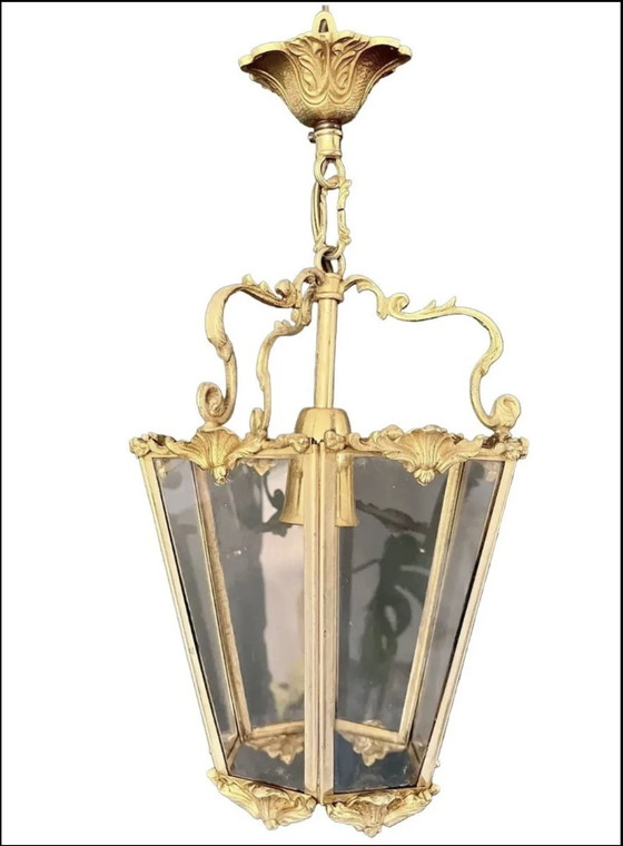 Image 1 of Jugendstil Hängelaterne Aus Vergoldeter Bronze Und Glasfacetten 1900