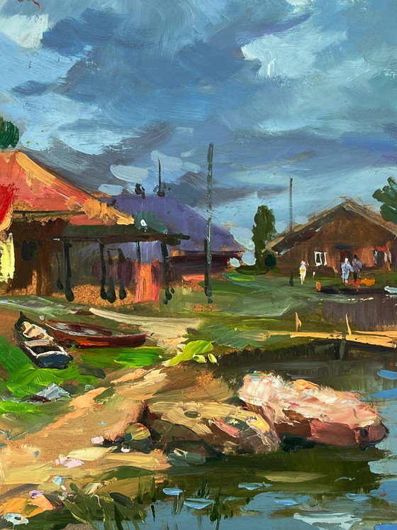 Image 1 of Peinture à l'huile originale : Paysage rural, maisons de village près de la rivière