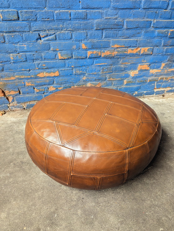 Image 1 of Vintage leather pouf, geometric design, 1970s
