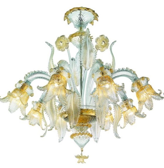Image 1 of Luxury Italian Clear and Gold-Leaf Chandelier With Flowers and Leaves Murano Glass