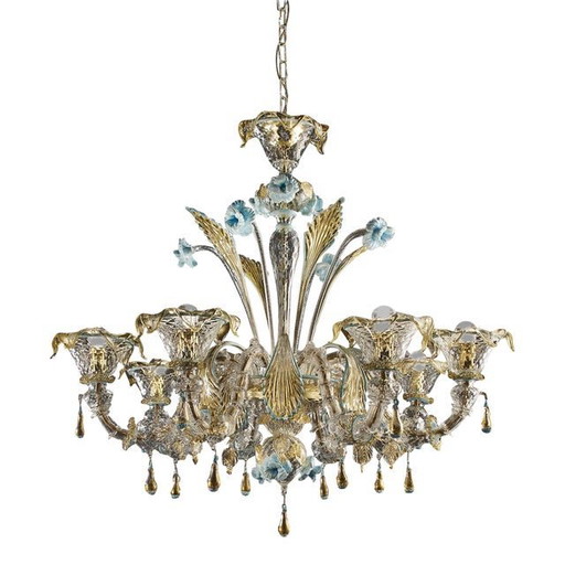 Eigentijdse Venetiaanse transparant-gouden kroonluchter van Murano-glas met bladeren en turquoise bloemen