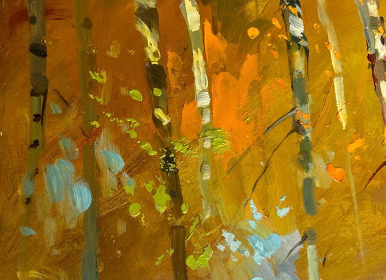 Image 1 of Origineel olieverfschilderij: Herfstboslandschap, herfstberkenbos