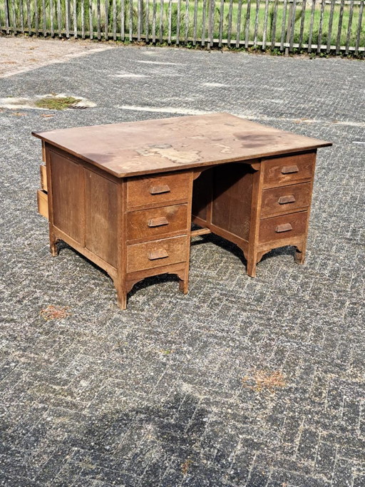 Escritorio doble de madera vintage con cajones originales. – bureau, Wood