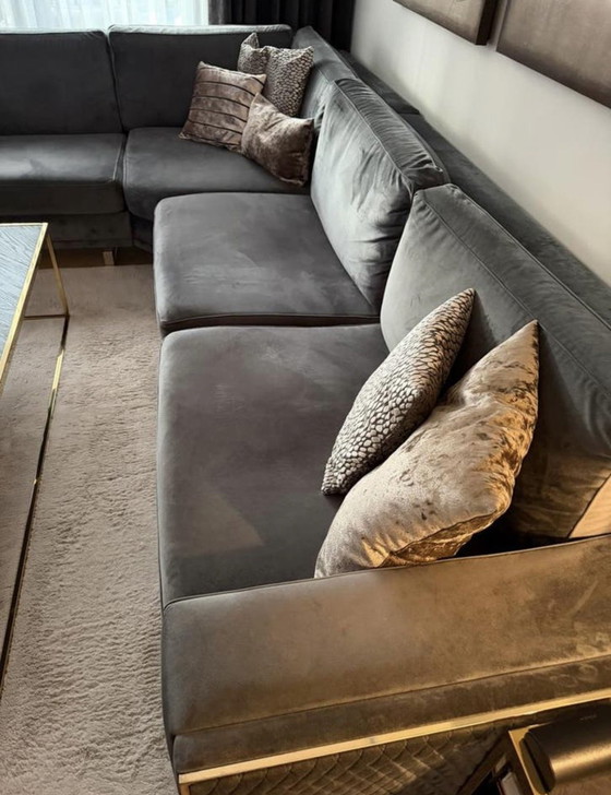 Image 1 of Luxe velvet hoekbank antraciet met gouden details