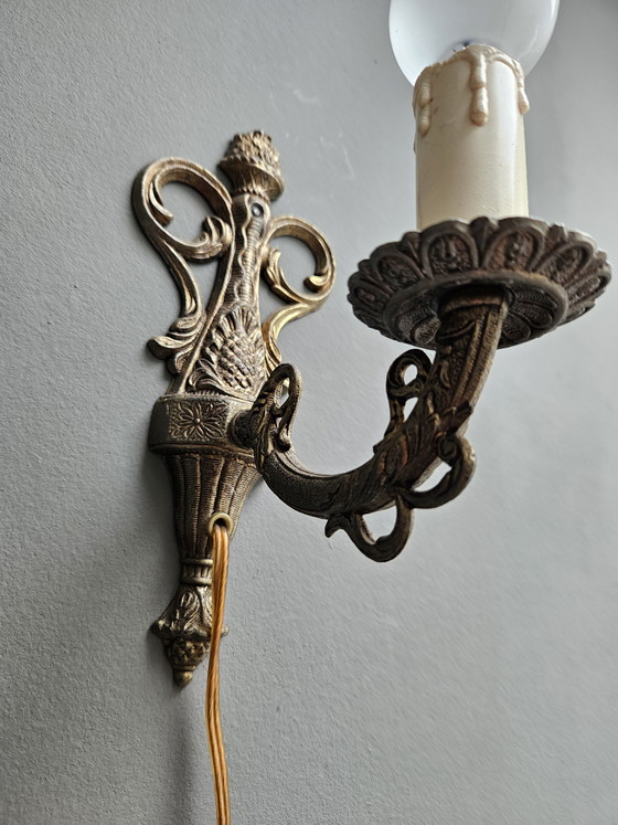Image 1 of Lampade da parete in stile rococò francese, bronzo con paralumi in pelle