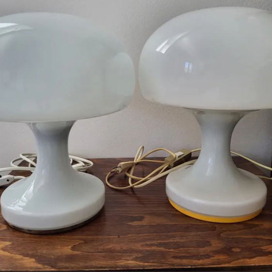 Image 1 of Pair of White “Mushroom” Table Lamps for Jihlava, Czechoslovakia, 1970s
