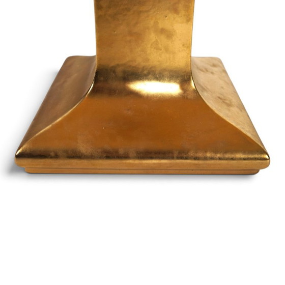Lampada da tavolo De Knudt con base in ceramica dorata e paralume in lino, 1970, DeKnudt, Lampade da tavolo (foto 11 di 13)