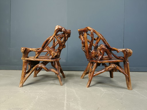 Rustic Wood and Knotted Root Armchairs, Set of 4 - 1960s