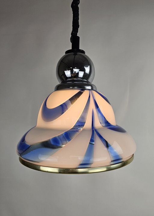 Italian Pendant lamp with glass and chrome. Blue white swirl effect
