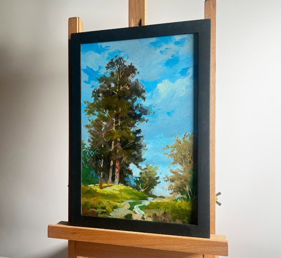 Image 1 of Peinture à l'huile originale Paysage de champ d'été Admirez la forêt d'été