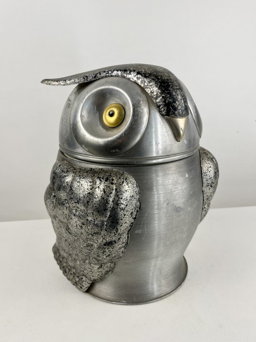 Cubo de hielo o champán con forma de búho de metal plateado