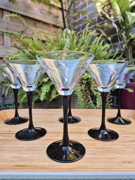 Set of 6 Vintage Luminarc France Domino Martini Glasses - Black Stem Cocktail Glasses – glazen karaffen