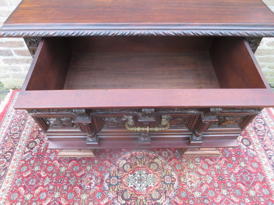 Unique Carved Vintage Cabinet with Carving and Beautiful Figures 1 Large Deep Drawer Very Good Condition (photo 11 of 11)
