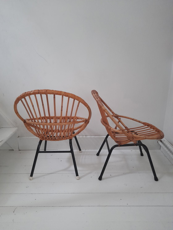 Image 1 of Lot de 2 chaises enfant rotin 1960s