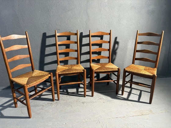 Image 1 of Ensemble de 4 chaises de salle à manger, chaises rustiques en chêne à dossier échelle, années 1960, Belgique, assises en jonc