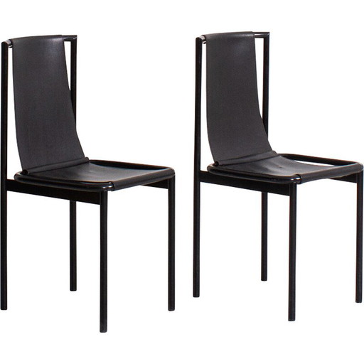 Coppia di sedie vintage in metallo e similpelle nera