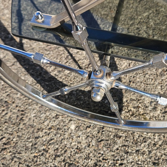 Image 1 of French Mid-Century Smoked Glass and Chrome Bar Trolley-Drop Leaf Bar Cart-Vintage Two Tier Dessert-Bar Trolley-60s