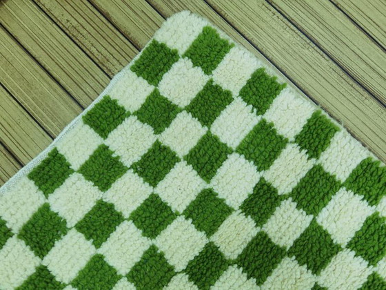 Image 1 of Handwoven Moroccan wool rug, 300/70cm, olive green checkerboard pattern