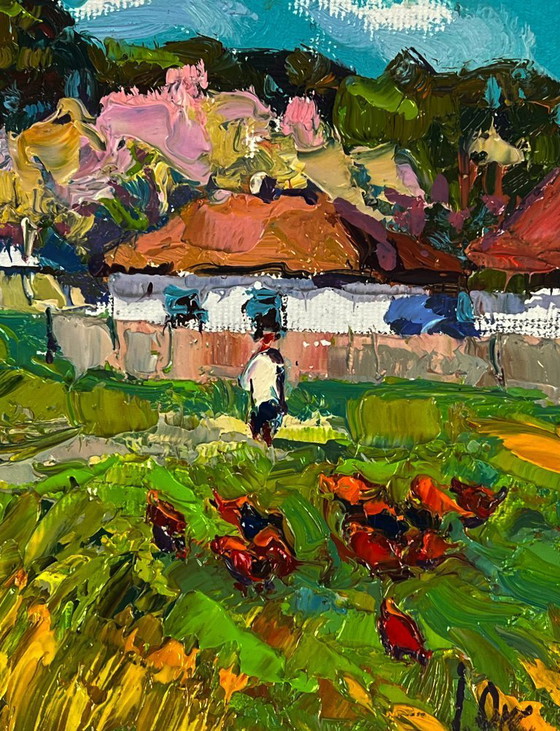 Image 1 of Peinture à l'huile originale représentant un paysage rural, une rue et le parfum printanier du village
