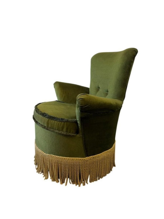 Image 1 of Fauteuil cocktail/fauteuil une place/chaise vintage vert mousse à franges