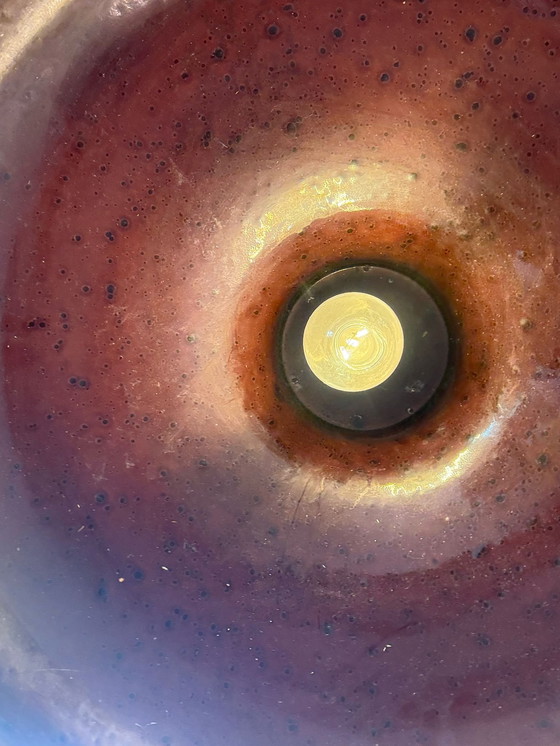 Image 1 of Lampada da soffitto/sospensione in metallo vintage - Decorazione floreale su smalto marrone - (Attr. To) Kaj Franck Fog &amp; Mo