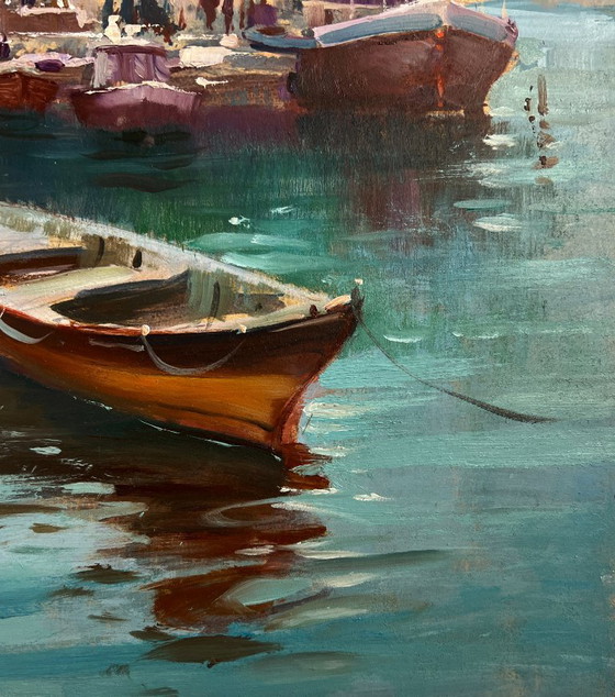 Image 1 of Original Oil Painting Coastal City Landscape Walking tour of the Venetian city
