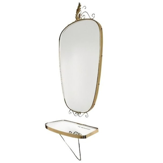 Image 1 of Vintage mid-century DeKnudt wandspiegel en wandconsole messing asymmetrisch acanthus 1960's